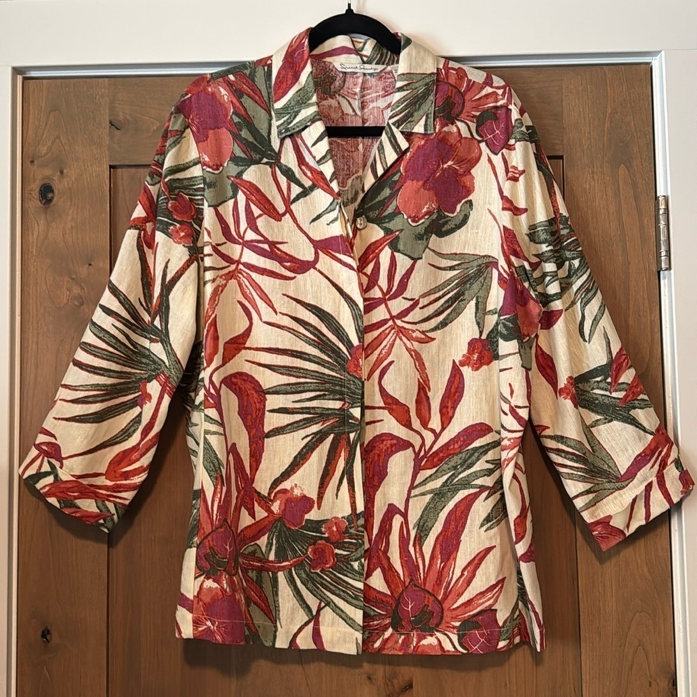 French Laundry Linen blend Tunic blouse Womens L button down Tropical Beach